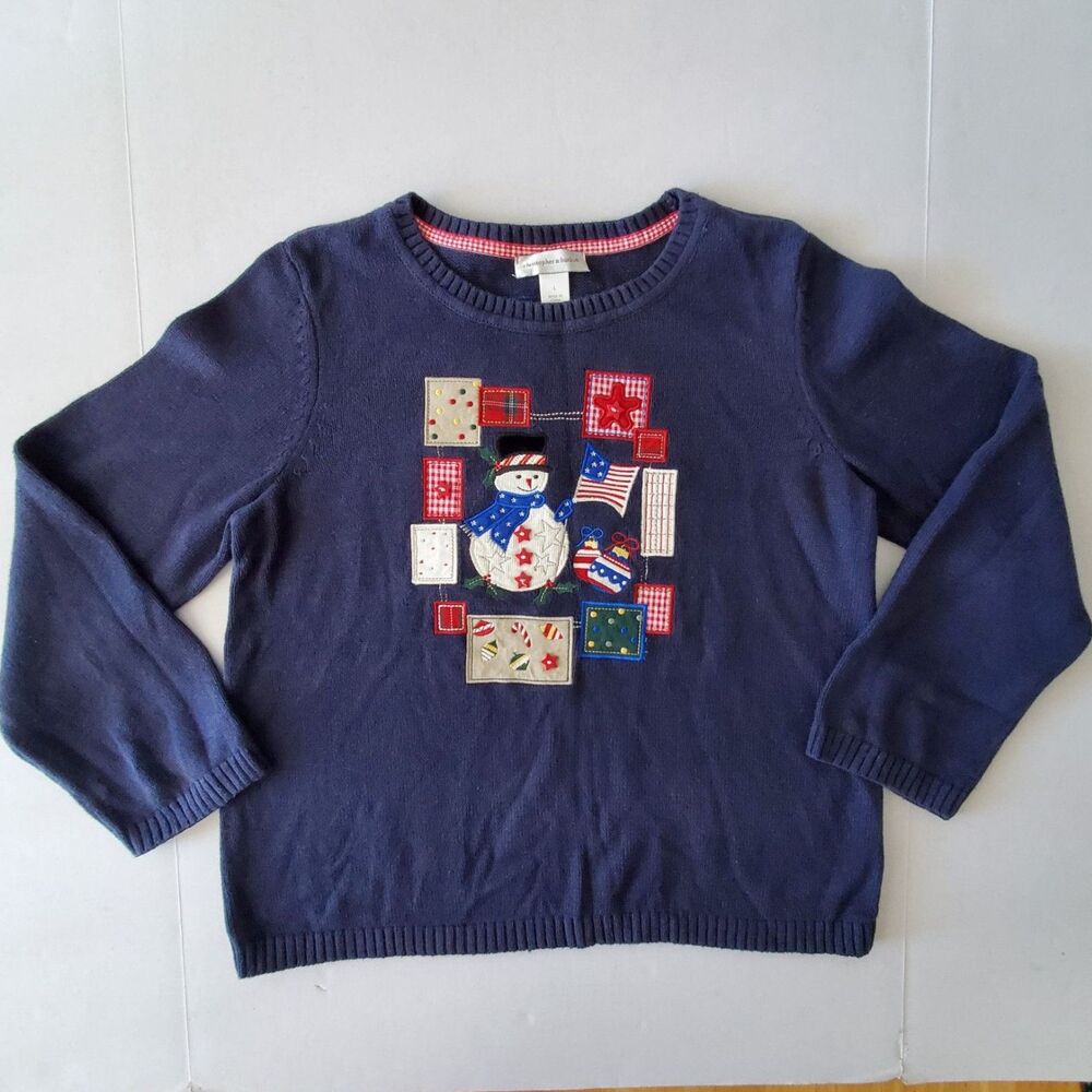 VNTG Christmas Sweater Snowman Christopher & Banks Sz L Retro Farmhouse Country